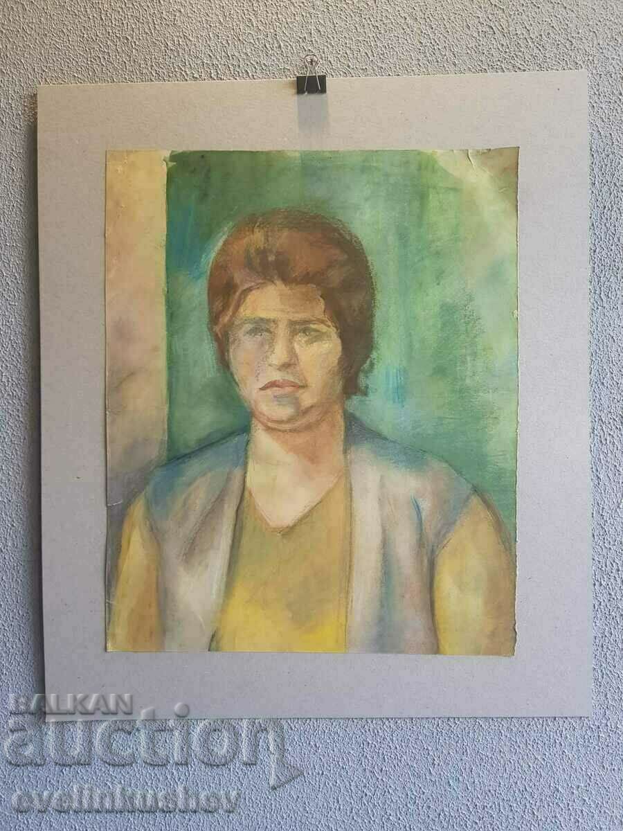 Painting portrait of a woman, watercolor on cardboard