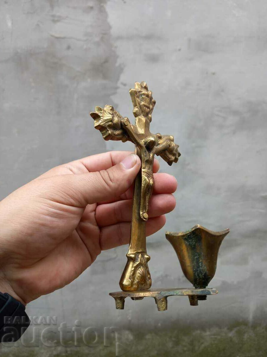 Стар бронзов кръст свещник разпятие религия