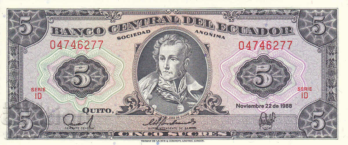 tino37- ЕКВАДОР - 5 СУКРЕС - 1988г - UNC с цена 5.90 лв. | € 3.02 tino37- ЕКВАДОР - 5 СУКРЕС - 1988г - UNC с цена 5.90 лв. | € 3.02