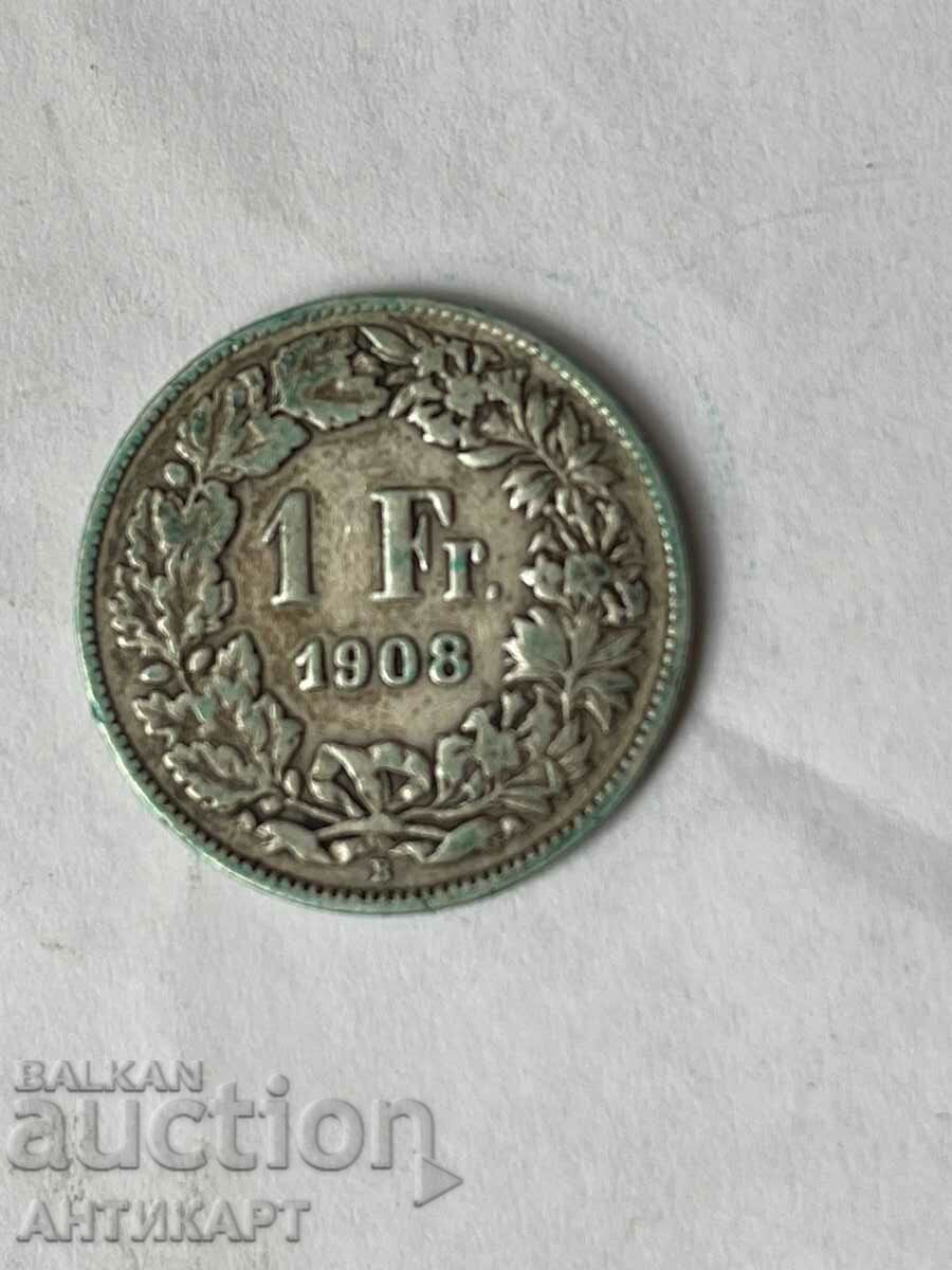 monedă de argint 1 franc de argint Elveția 1908