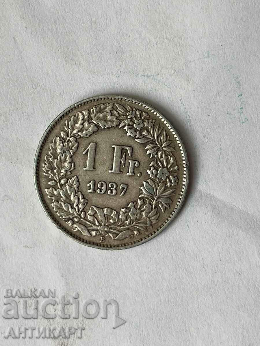 silver coin 1 franc silver Switzerland 1937