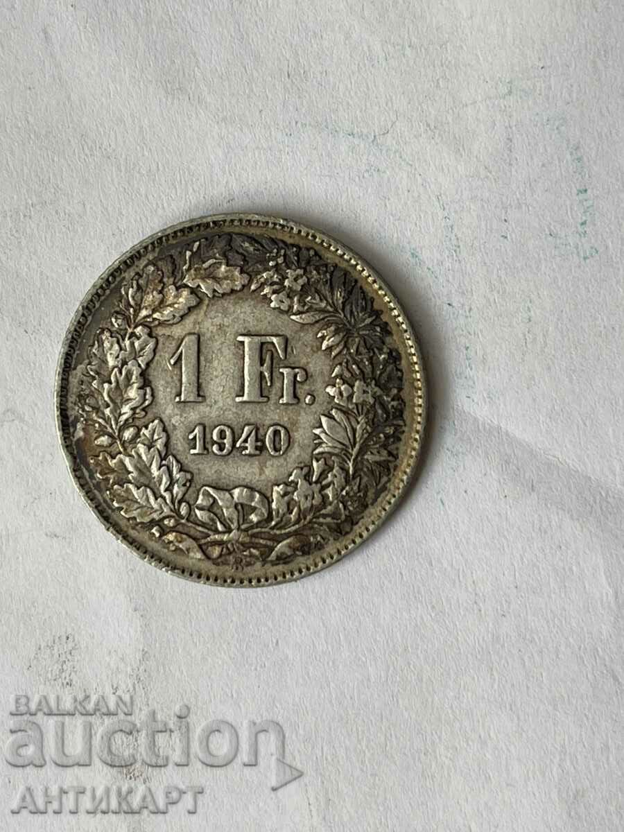silver coin 1 franc silver Switzerland 1940