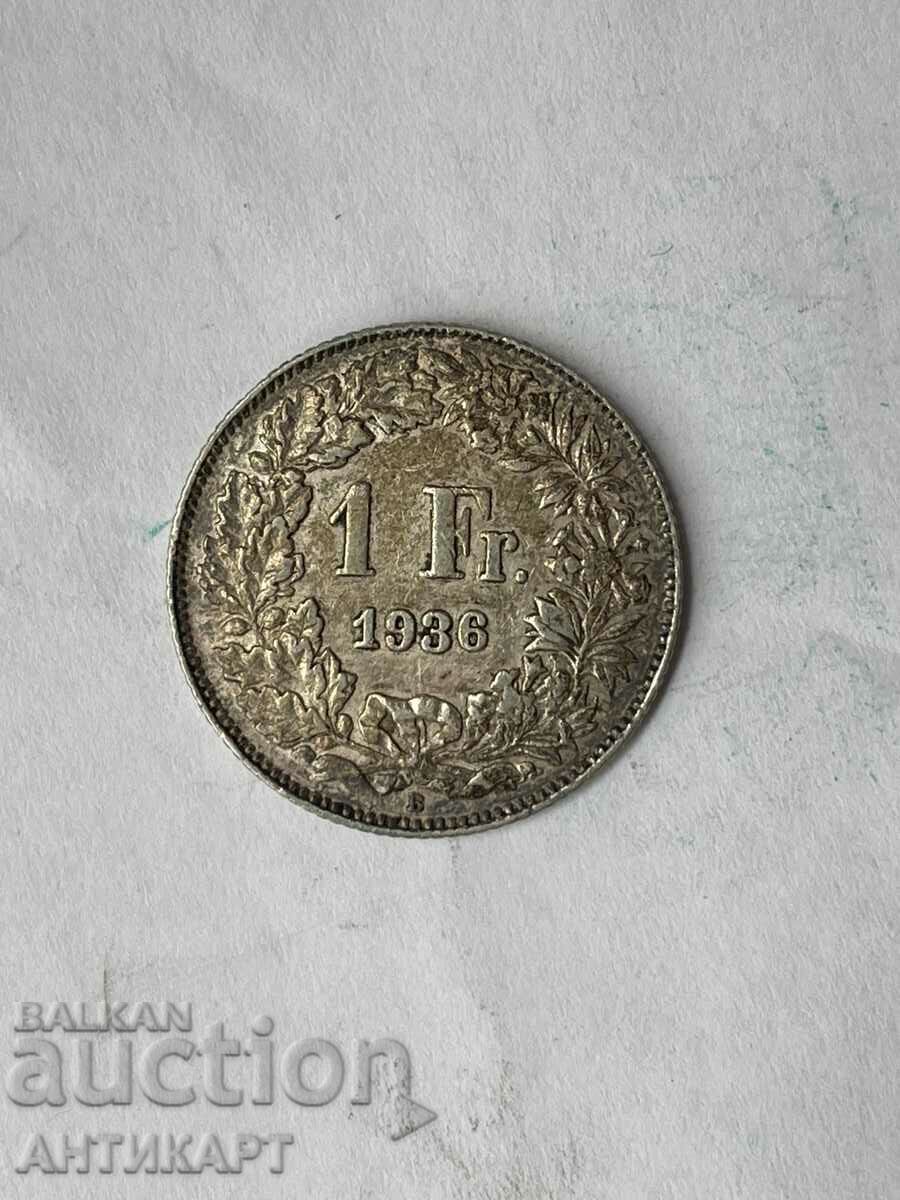 monedă de argint 1 franc de argint Elveția 1936