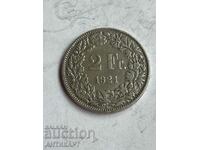 сребърна монета 2 франка Швейцария 1921 сребро