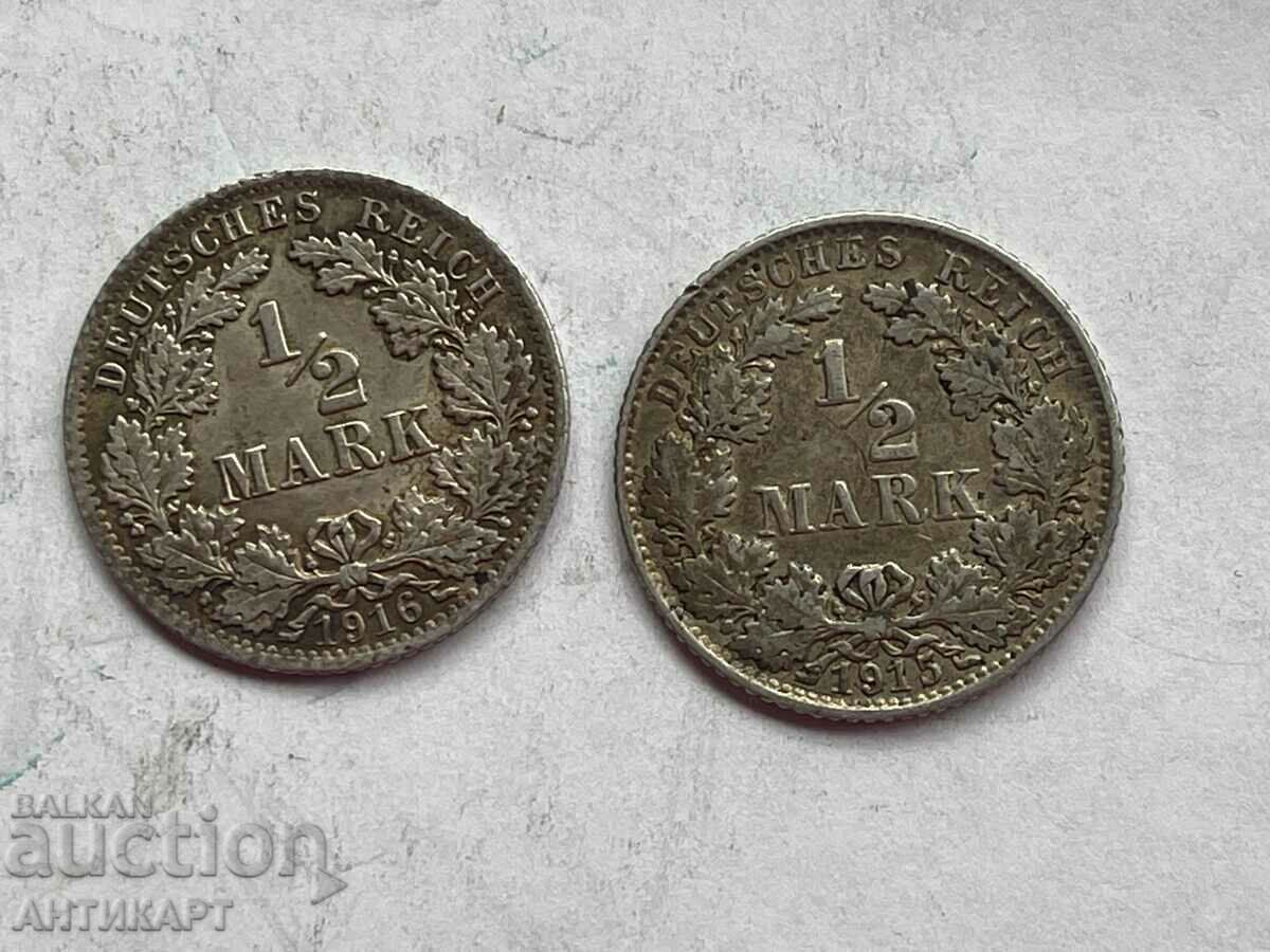2 τεμάχια ασημένιο νόμισμα 1/2 μάρκας Γερμανία ασήμι 1915,1916