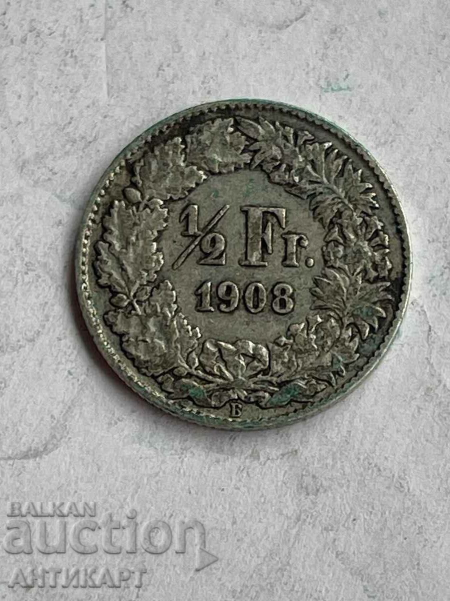 сребърна монета 1/2 франк сребро Швейцария 1908