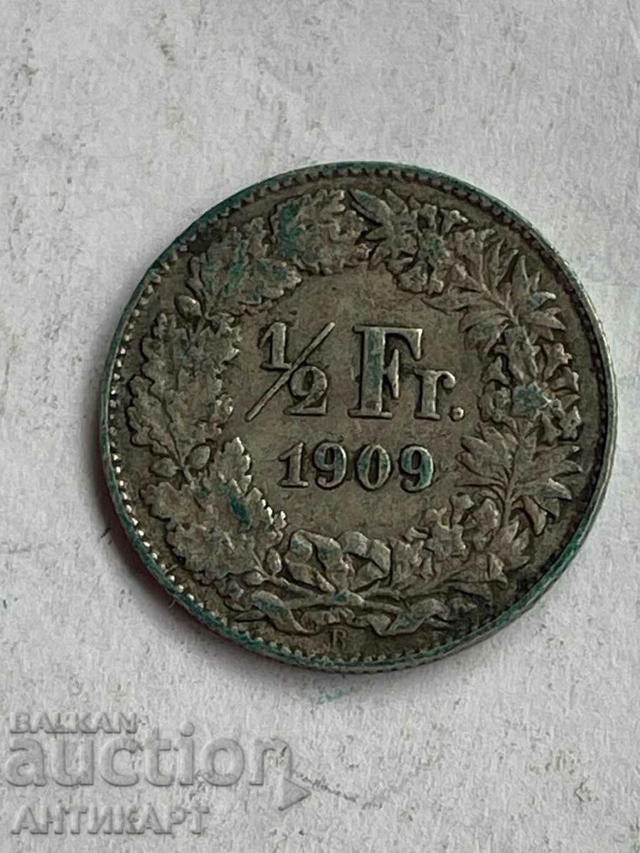 monedă de argint 1/2 franc argint Elveția 1909