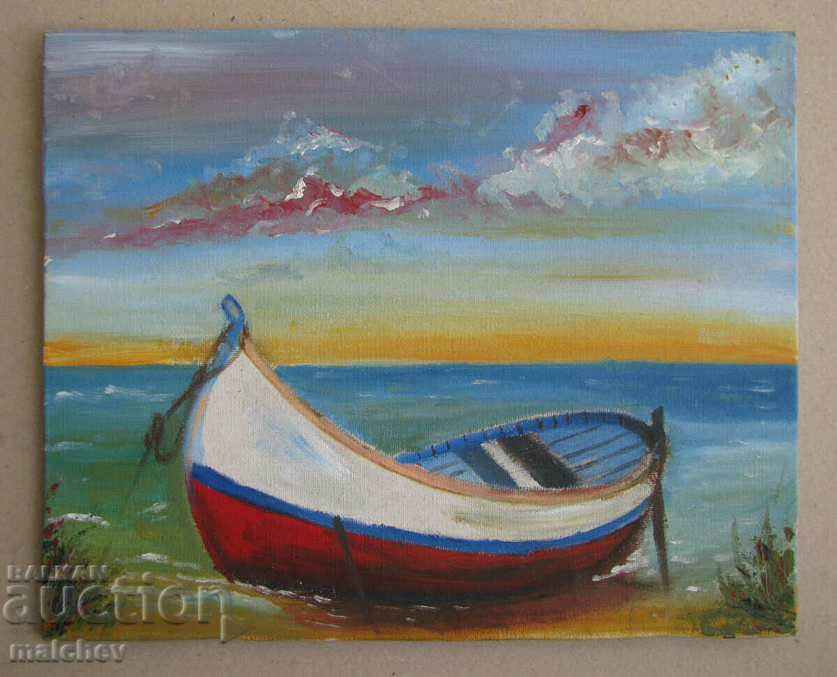 Pictura in ulei 24/30 cm peisaj Ulei barca, excelent