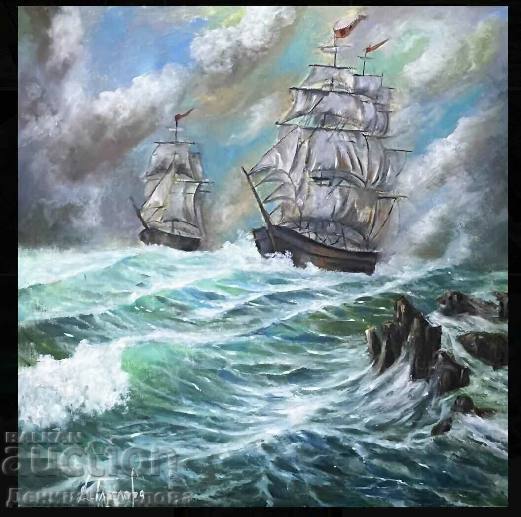 Ντενίτσα Γκαρέλοβα ζωγραφική "Θυελλώδεις στιγμές της θάλασσας" 60/60 λάδι