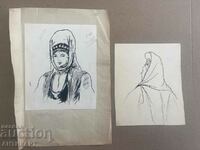 2 ink drawings of girls in folk costumes