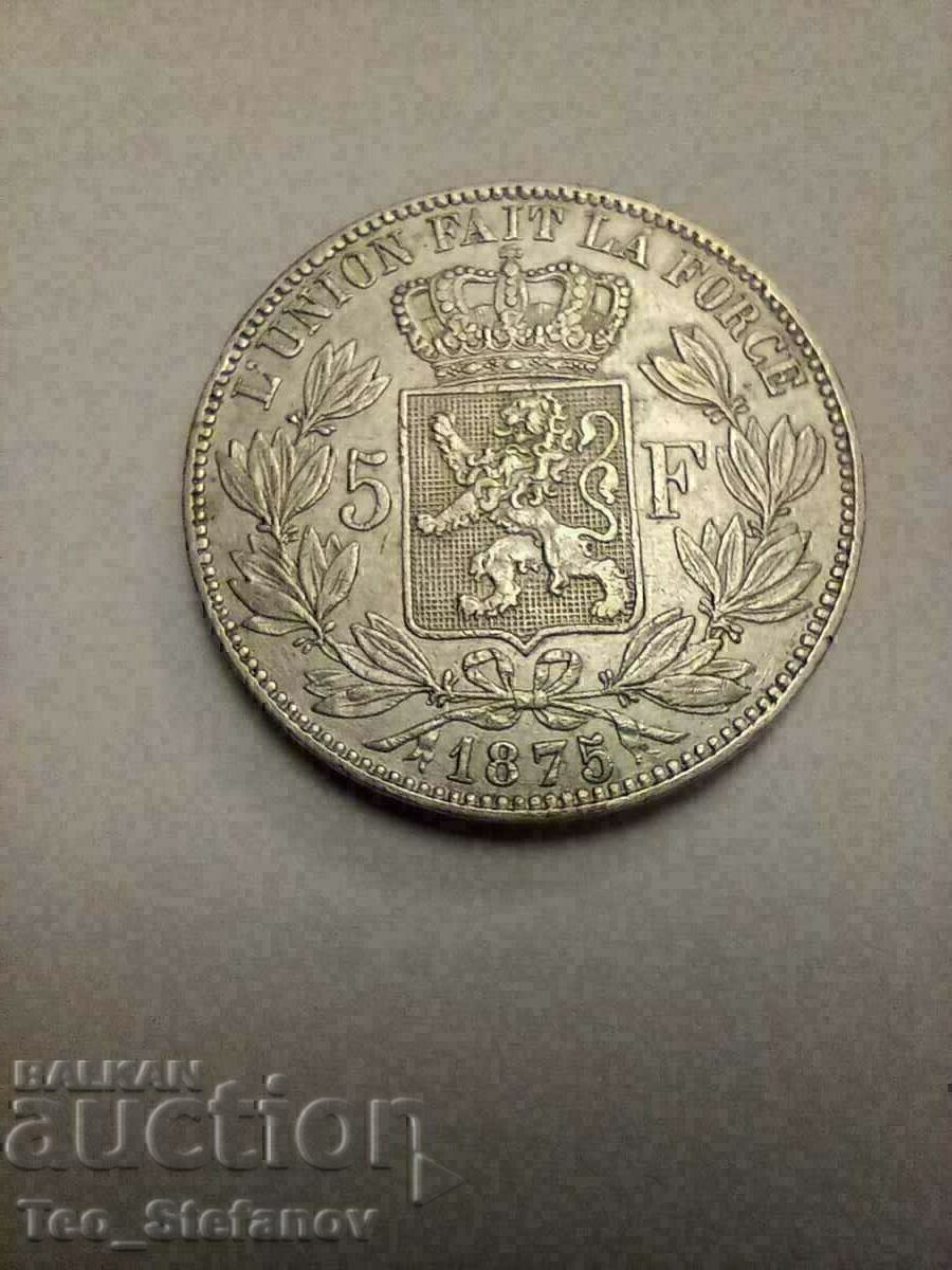 Auction  5 Francs 1875 Belgium XF+ Silver