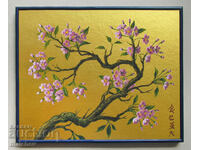 Oriental painting Flowering sprig, framed 34/43 cm, excellent