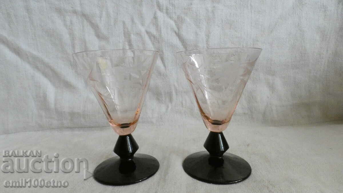 Set of 2 beautiful old engraved colored glass glasses