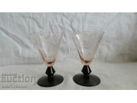 Set of 2 beautiful old engraved colored glass glasses