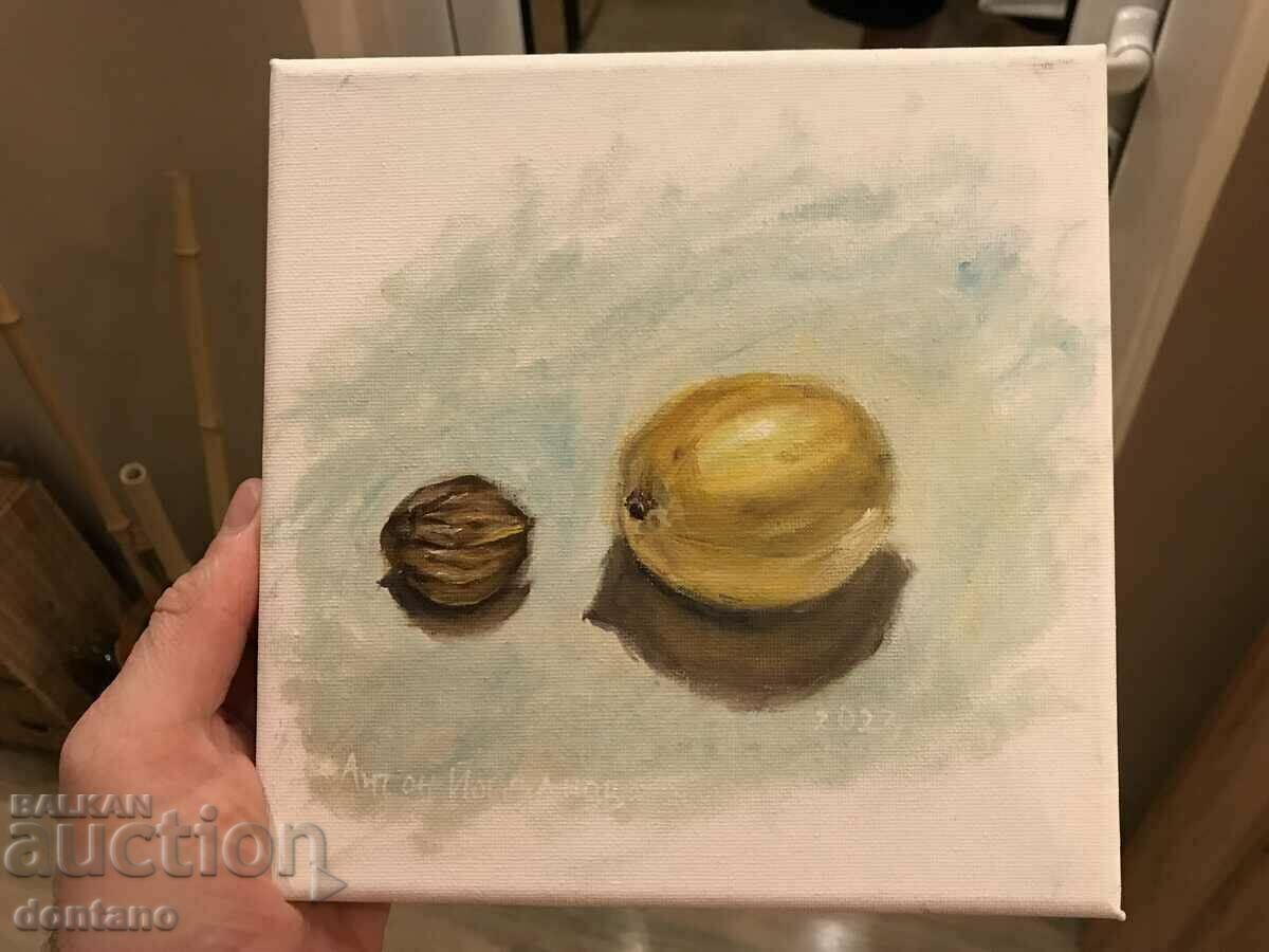 Oil painting - Still life - Walnut with lemon - 20/20cm