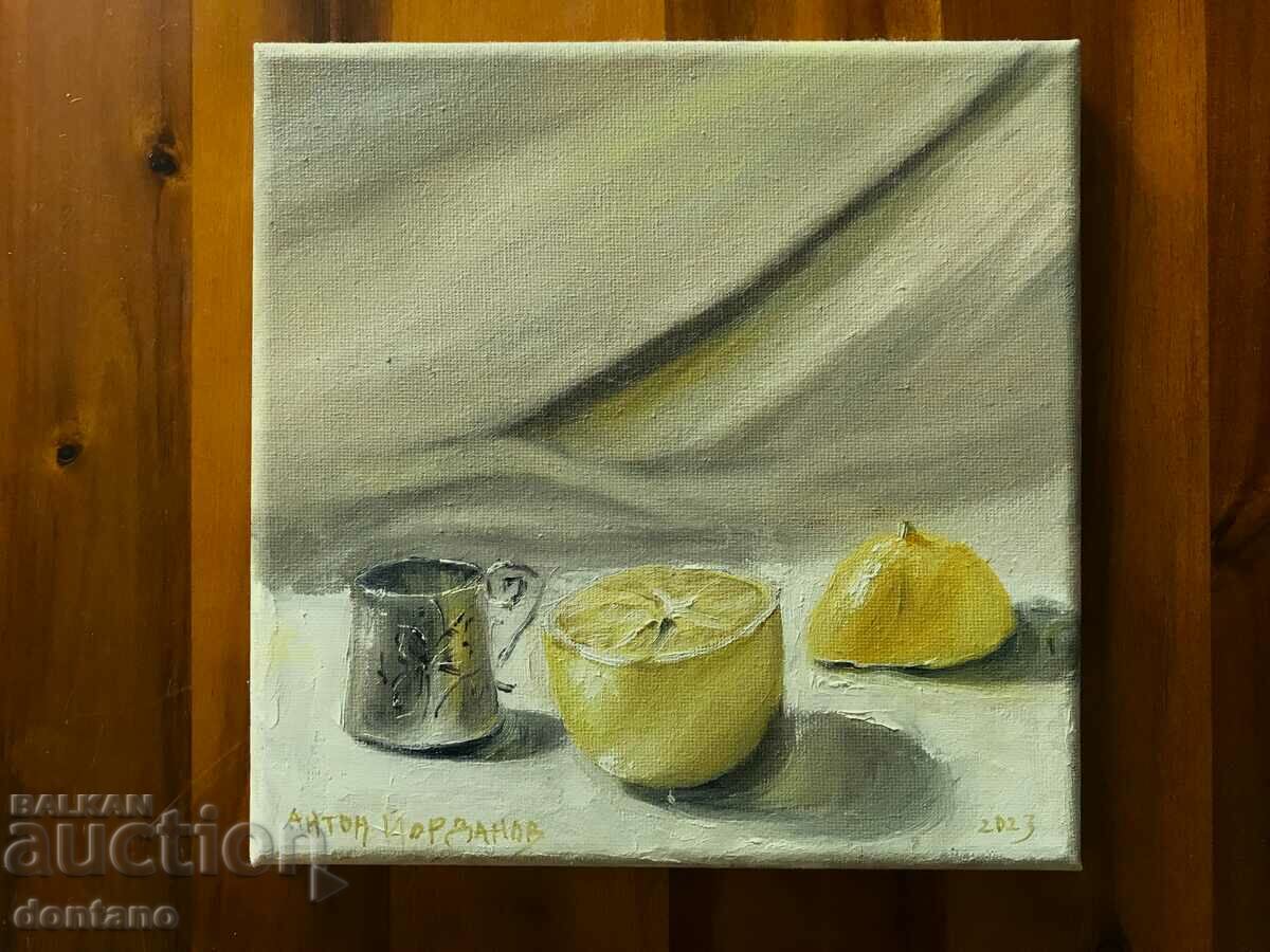 Pictura in ulei originala - Natura statica - Pahar de argint Lemon