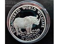 Argint 50 USD Rinocer 1990 Animale pe cale de dispariție