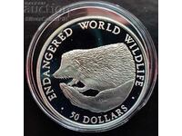 Silver $50 Hedgehog 1990 Endangered Animals
