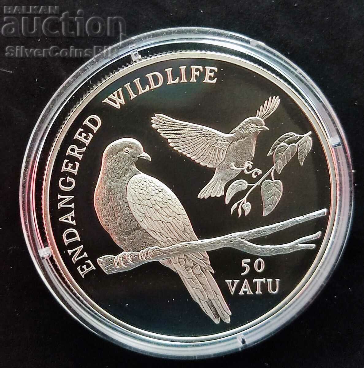 Silver 50 Vatu Pigeons Animals Animals Andangered Animals 1992 Vanuatu