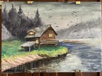 Pictura in ulei - Peisaj - Casa pe mal 26/18 cm