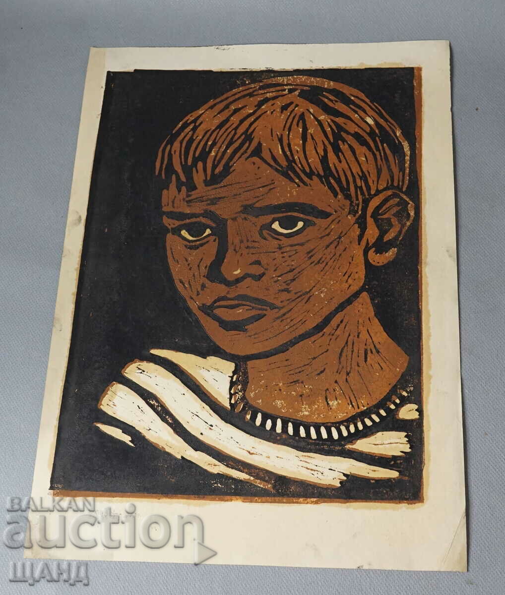 Стара  майсторска рисунка литография портрет момче
