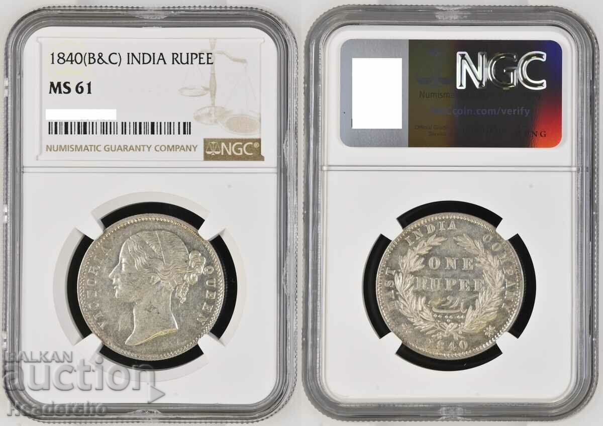1 рупия 1840 г. Британска Индия (сребро) NGC MS 61