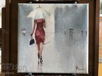 Pictură în ulei la comandă peisaj urban - În ploaie 20/20cm
