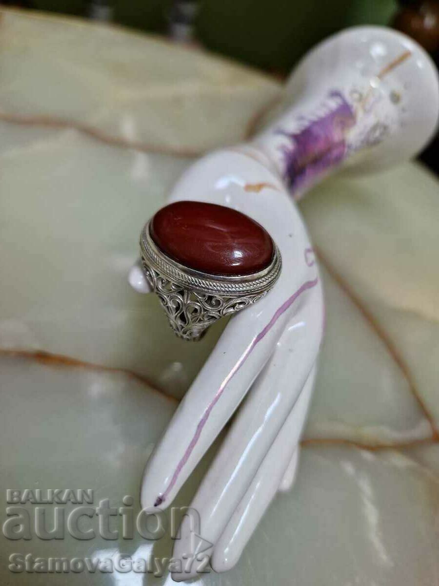 Unique large men's sterling silver ring with carnelian