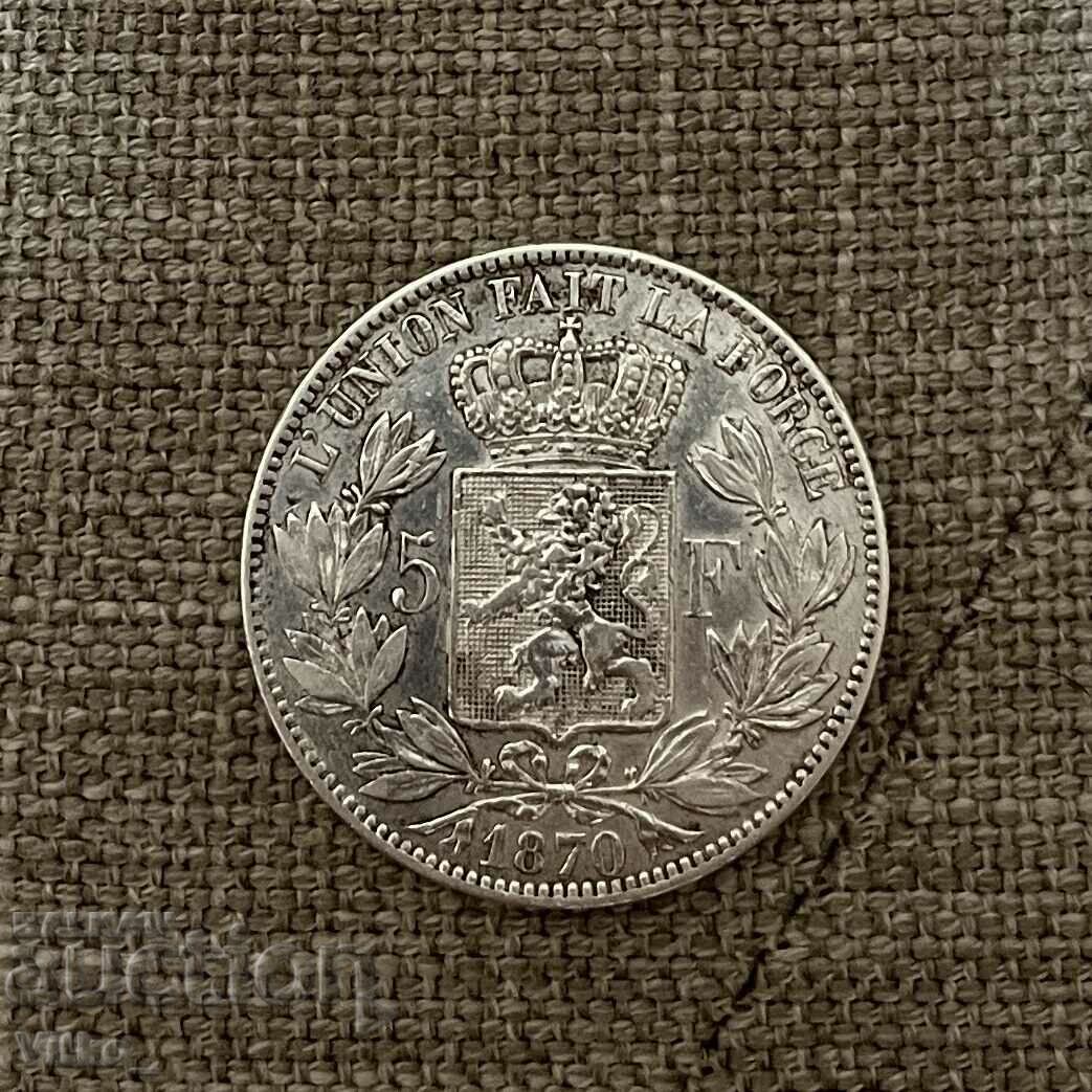 5 Franci 1870 Leopold al II-lea Argint