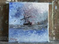 Oil painting with relief - Seascape - Ship - 20/20cm