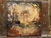 Relief pictura în ulei impresionism - Peisaj marin - Nave