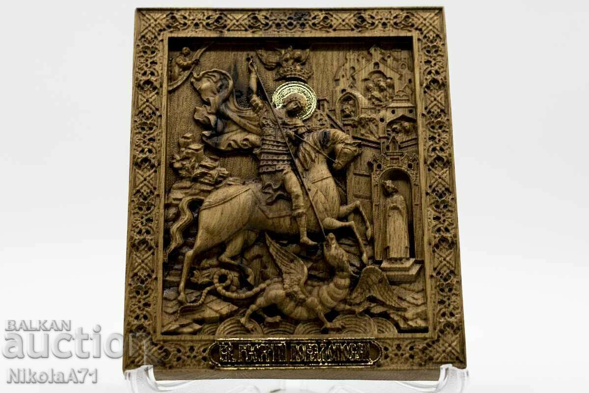 BZC Icoana în relief aurit a Sfântului Gheorghe Biruitorul, stejar