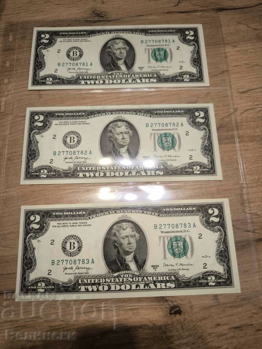Lot de 3 bucăți de bancnote de 2 dolari într-o foaie