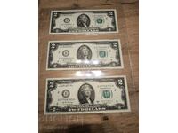 Lot of 3 pieces of 2 dollar bills in a sheet