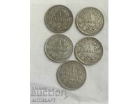 5 Silver Coins 1 Mark Germany Silver 1902 A D E F J