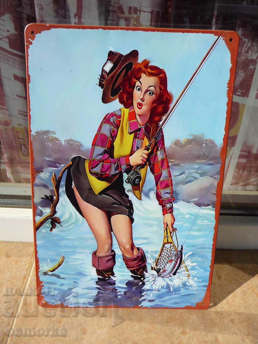 Μεταλλική πλάκα erotica κορίτσι ψαρέματος φούστα καλάμι αλιείας ποταμού