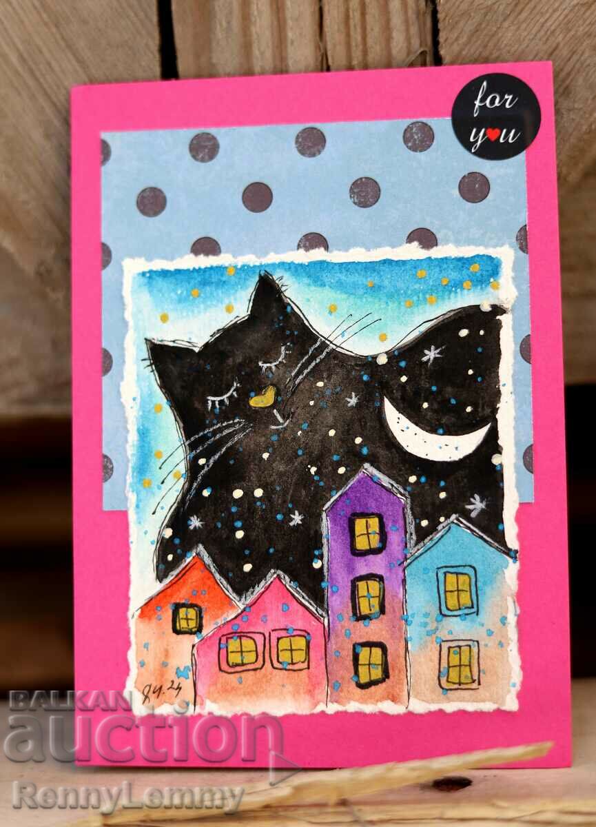 Art card, watercolor, cat/city