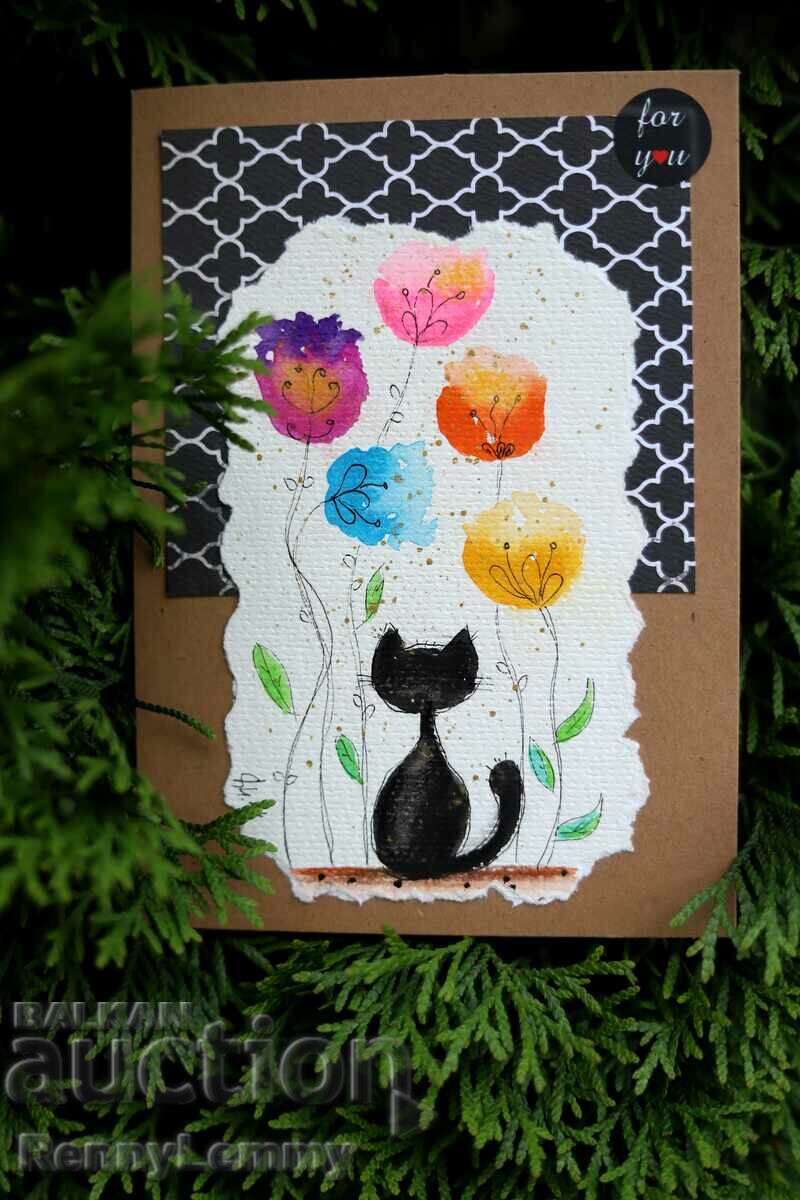 Carte de artă, acuarelă, pisică într-o grădină
