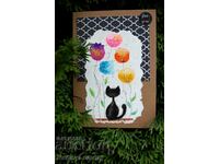Art card, watercolor, cat in a garden
