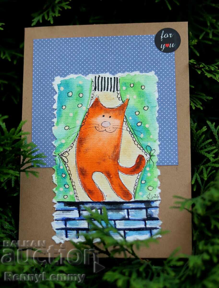 Art card, watercolor, cat on the window, red-haired