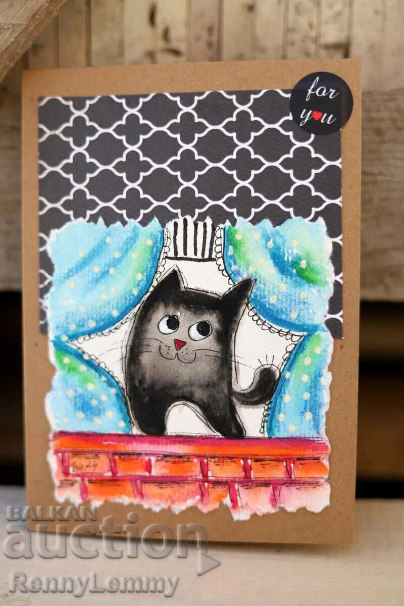 Κάρτα τέχνης, ακουαρέλα, γάτα στο παράθυρο, μαύρο