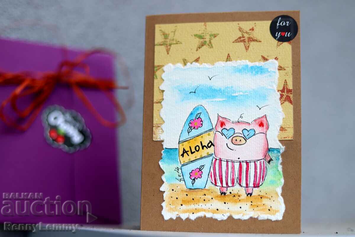 Art card, watercolor, pig on the beach