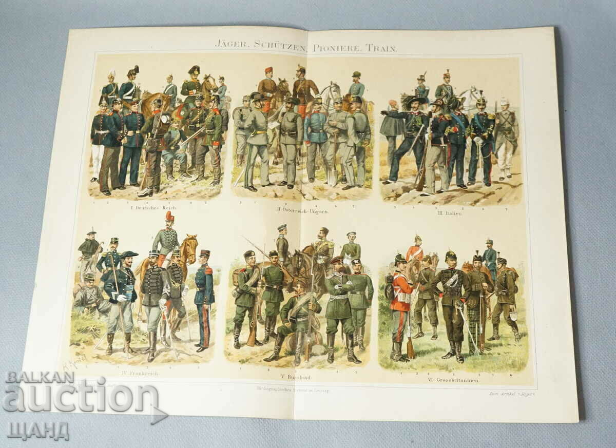 1900 Litografia militară tipuri de uniforme, Rusia, Italia etc