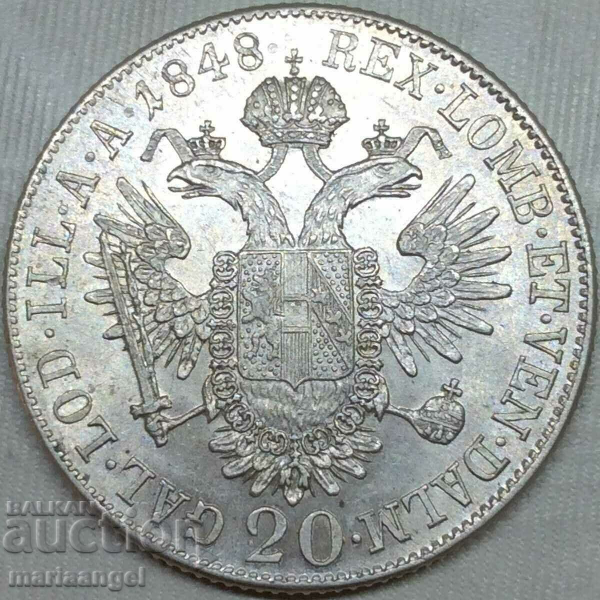 Австрия за Унгария 20 кройцера 1848 А - Вена Фердинанд сребр