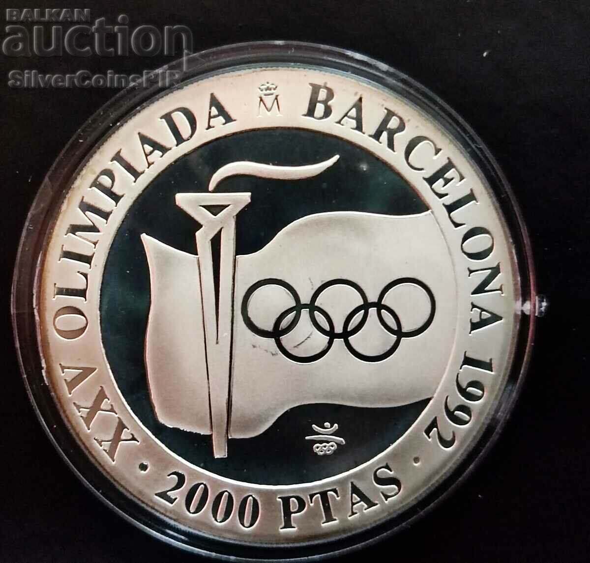 Silver 2000 Pesetas Flag Olympics 1991 Spain