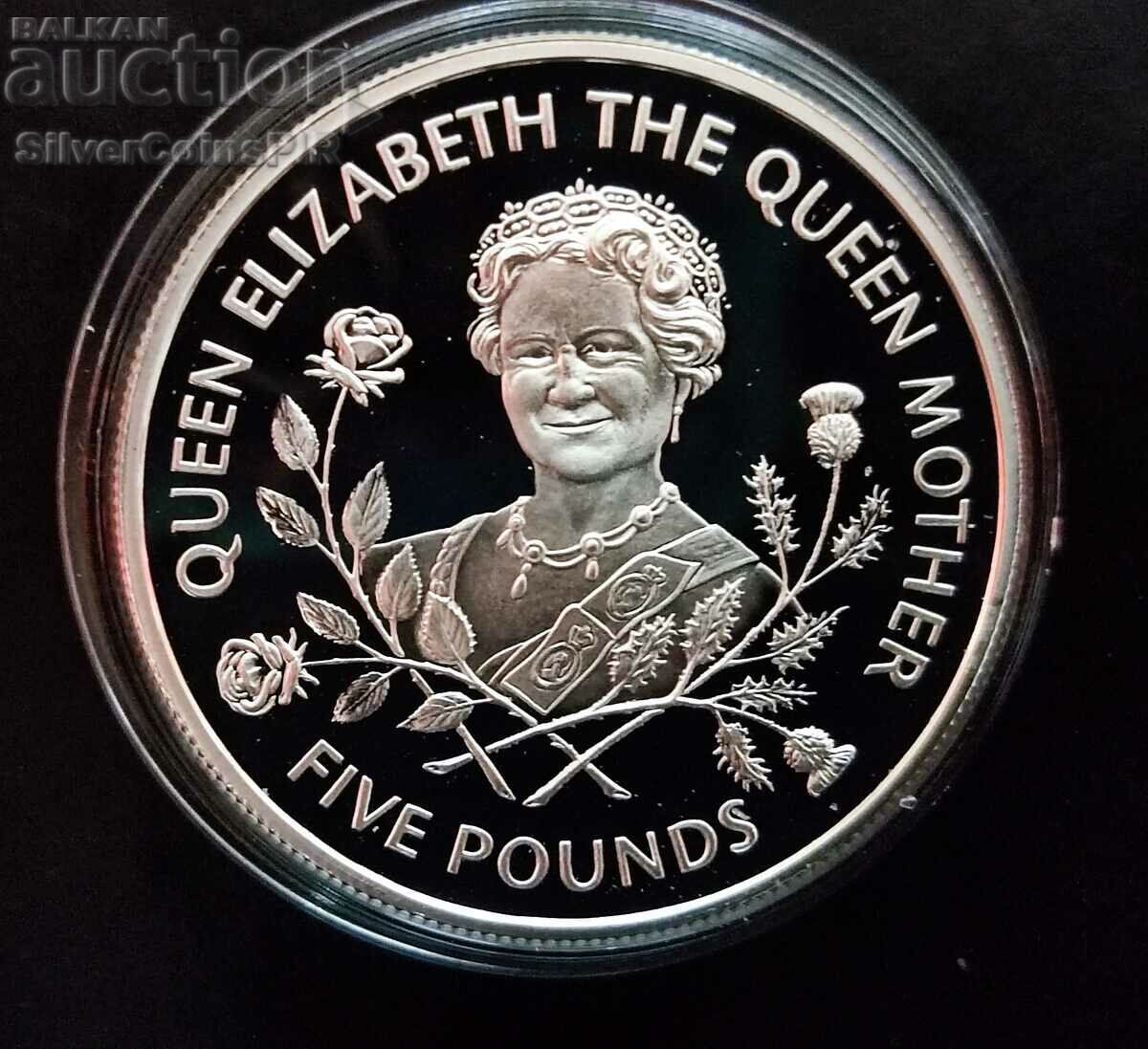 Silver 5 Pounds The Queen Mother 1995 Guernsey Island