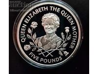 Silver 5 Pounds The Queen Mother 1995 Guernsey Island
