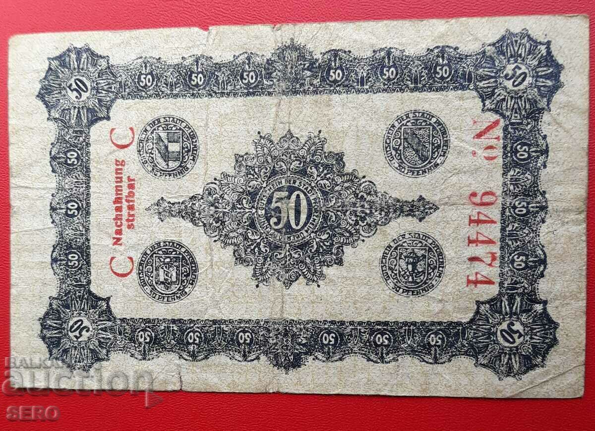 Τραπεζογραμμάτιο-Γερμανία-Βάδη-Βυρτεμβέργη-Pforzheim-50 pfennig 1918