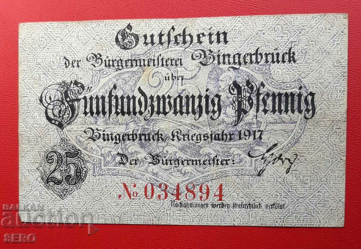 Bancnota-Germania-Prusia-Bingerbrück-25 Pfennig 1917