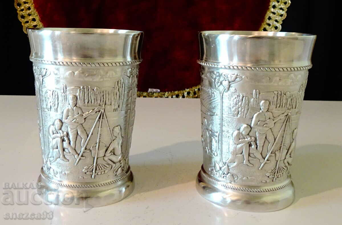 Two tin cups with embossed pictures for Tourism, Camping.